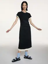 カラーコンビネーションの短袖ドレッシングガウン【レディース・黒・ゆったりシルエット・夏用】（セットアップ対応）