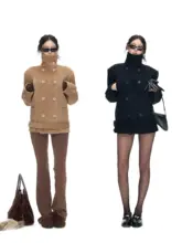 立襟厚手ダブルブレストウールコート【裏地付き・ショート丈・女性用】