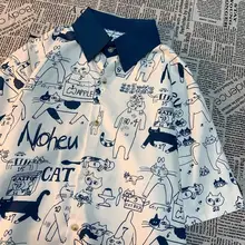 猫柄プリントの夏用ポロシャツ【女性用・フィット・原宿スタイル】
