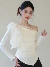 フレンチスタイルのリボン付きレース切替長袖Tシャツ【不規則デザイン・春用】