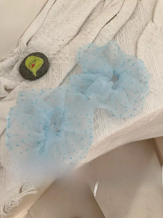 ブルーの刺繍メッシュヘアゴム【大サイズ・夏用・感】
