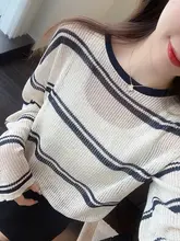 春夏用 ストライプ  柄のフィット日焼け防止カーディガン【透け感のあるニット】
