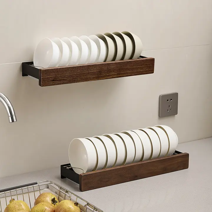 胡桃のキッチン食器水切り収納ラック【オシャレな壁掛け・多用途】