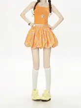 華やかなオレンジのフラワーブラウススカート【シンプル・フレアデザイン・スリム効果・夏用】
