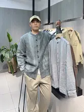 中華風立襟長袖コットンリネンシャツ【男女兼用・藍染めデザイン・ヴィンテージスタイル】