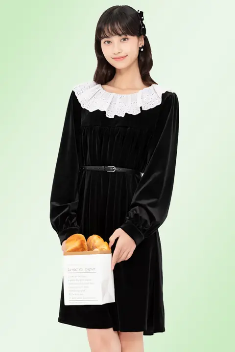 Lagogo ヘプバーン風 ベルベットワンピース【春秋用・ゆったりした子供服・小さな黒いドレス】