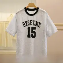 デザイン性のある皺加工のシンプルな字母プリントTシャツ【ゆったりとしたフィット・夏用・短袖】