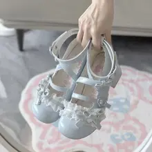 ロリータ風 レース付き丸トゥフラットシューズ【甘美なデザイン・中ヒール】