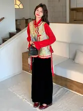 春用レディース赤色国風スタイルのコーディネート【サテン生地・盤扣付きベスト・ワイドパンツ・セットアップ対応】