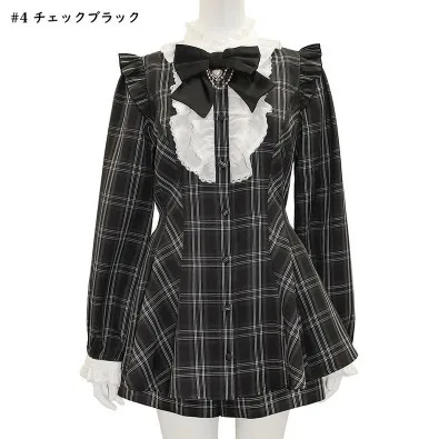 清楚系チェック柄リボンデザイントップスとスカートパンツ【カジュアルスタイル・チュニック丈】（セットアップ対応）