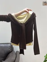 レトロ風 ヴィー型ネック長袖Tシャツ【コントラストデザイン・リボン付き・スリムフィット】（セットアップ対応）