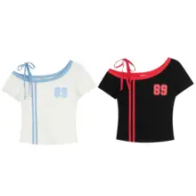 斜めショルダーのTシャツ【レタープリント・ストライプ・短袖・夏用・スタイリッシュ】