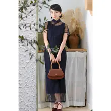 茉茉 レディース 短袖レース旗袍【復古スタイル・長款・透け感あり】