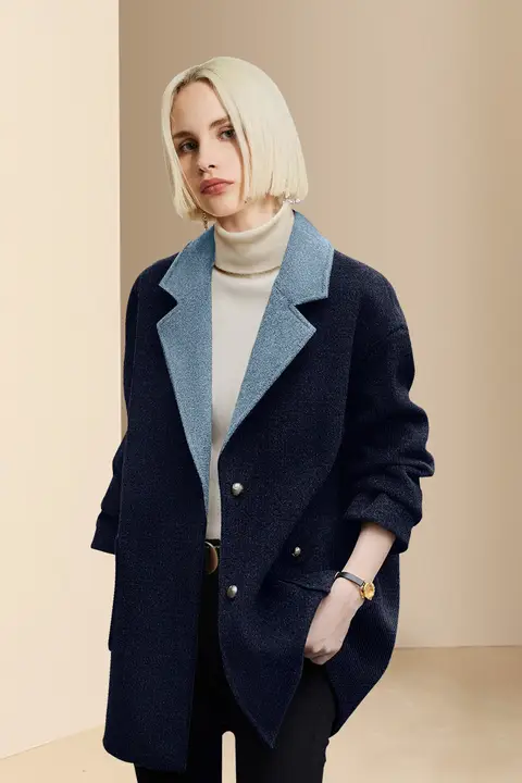 カラーコンビネーションウールコート【女性用・上品なデザイン・冬季用】（セットアップ対応）
