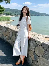 ファッションワンピース【白色・メッシュ切替・ショートスリーブ・ワイドパンツ・（セットアップ対応）】