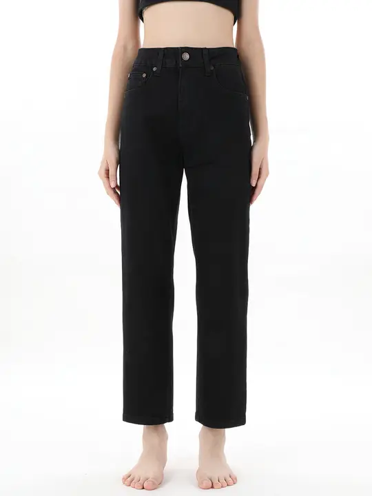 高腰ブラックデニムパンツ【ゆったりワイドレッグ・シンプルデザイン・秋用】（セットアップ対応）