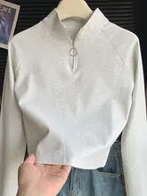 グレーのシンプルカジュアルハーフジップ立襟Tシャツ【女性用・薄手・トレンディ・スリーブレス】