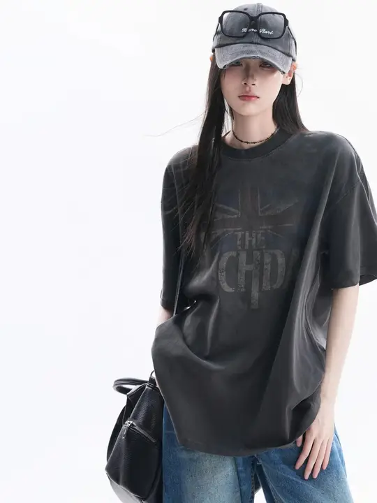 Tシャツ レディース 半袖 クルーネック アメリカン風 ストリート フラッグ柄 ヴィンテージ加工 ウォッシュド サブカル風 夏