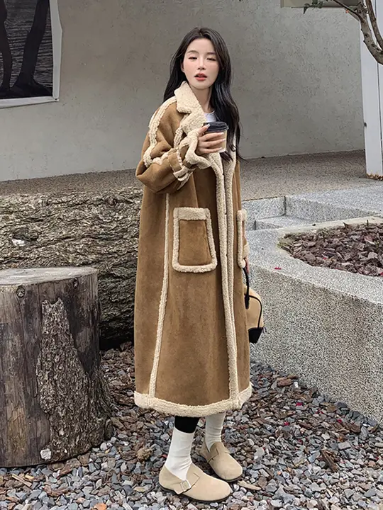 高級感あるロングコート【ファー付き・シープスキン・スタイリッシュデザイン】