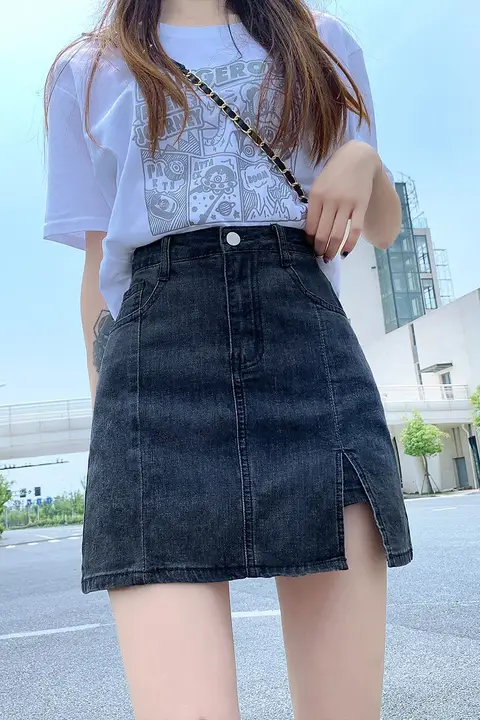 夏用 薄手デニムハイウエストタイトスカート【スリットデザイン・防透け】