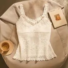 夏用レースのレトロ風刺繍キャミソール【ビーズ装飾・ルーズフィット・ノースリーブ】