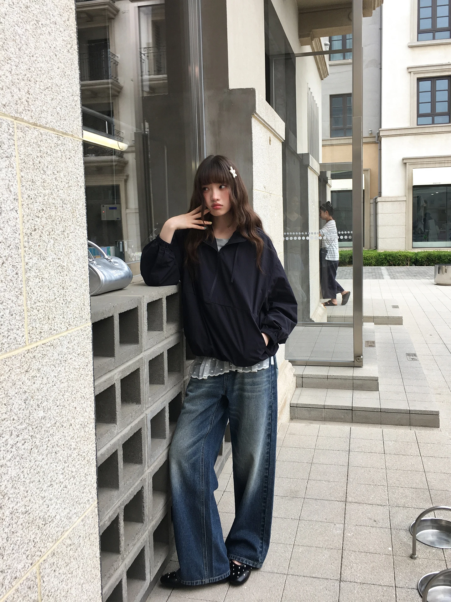 レトロハイウエストデニムパンツ【ウォッシュ加工・ストレートシルエット】