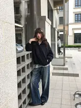 レトロハイウエストデニムパンツ【ウォッシュ加工・ストレートシルエット】