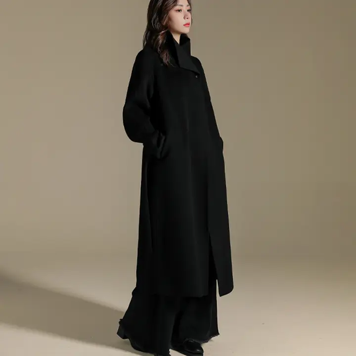 高級感あふれるダブルフェイスカシミヤコート【立襟・ウエストベルト・ロング丈・秋冬用】