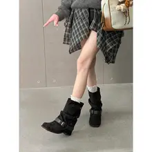 本革スエード風 レトロブラウン ウエスタンブーツ【太ヒール・シワデザイン・スリム効果】