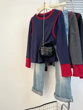 ツートンカラーのストライプコットン長袖Tシャツ【大きいサイズ・女性用・シンプルデザイン】（セットアップ対応）