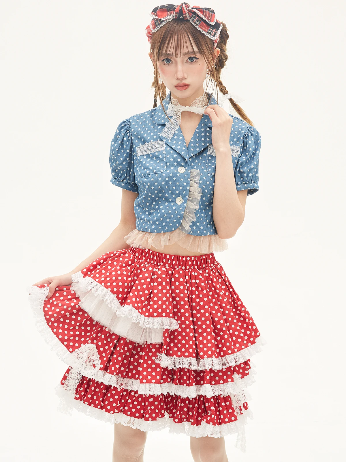 昭和レトロ風の赤いドットケーキスカート：ピンクレトロデザインの少女ロリータスタイルとは
