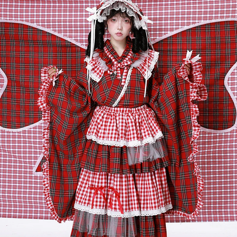 昭和風レトロデザインの可愛い和風少女用トップス：赤チェック柄の防紫外線系带浴衣