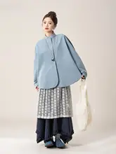 春のおしゃれにぴったり！ブルーの立て襟ワイド袖シャツ【女性用・フィット】