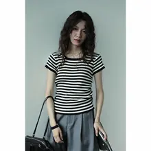 ストライプニットポロ衿ラウンドネックTシャツ【女性用・ショートスリーブ・体型カバー・夏用】