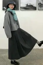 深い灰色のウール調スカート【高腰・Aライン・プリーツ・秋冬用・ミディ丈】
