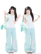 ワイドパンツ マキシ丈 レディース 蝶結び プリント ハイウエスト 着痩せ ストレート ルーズ 落ち感 カジュアル 夏