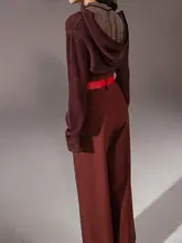 中華風赤色 羊毛ニットトップス【ストレートショルダー・ウエストベルト付き】とロングパンツ（セットアップ対応）