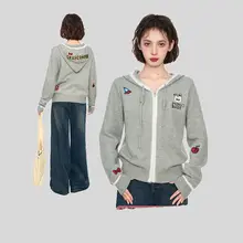 グレーのフード付きジッパー編みニットカーディガン【ショート丈・春秋冬用】