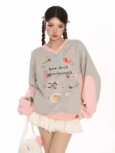 BIGGOLD カジュアルデザイン ボウタイVネックスウェットシャツ【女性用・秋冬・カートゥーンプリント】