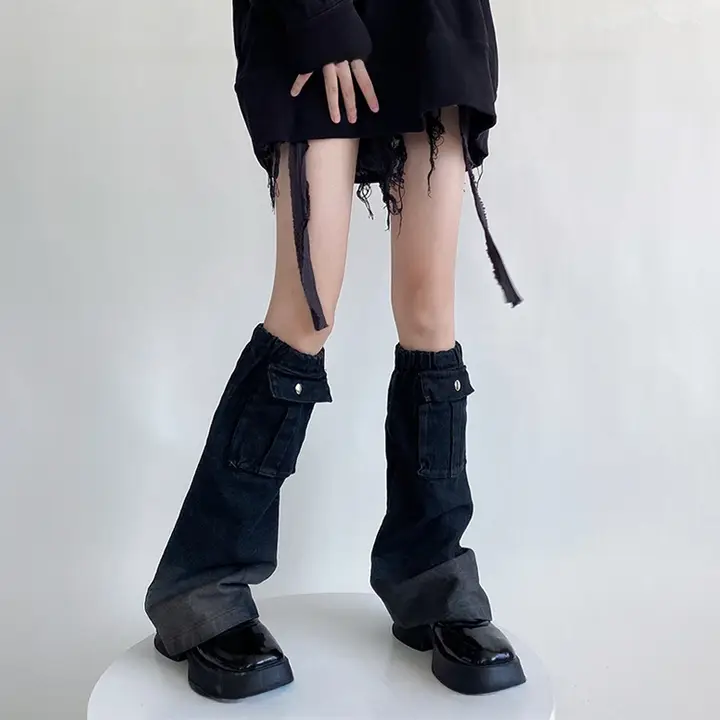個性的なデザイン！デニム風レッグウォーマー【重工ポケット付き・おしゃれ・カジュアル】