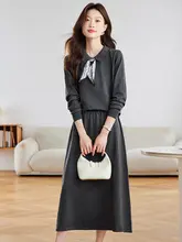 秋冬用ニットドレス【スカーフデザイン・小さな襟付き・セーターとスカートの2点コーディネート】（セットアップ対応）