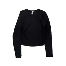 リブ素材の長袖ヨガTシャツ【ウエスト絞り・ショート丈・速乾・フィット感】