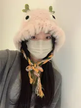 可愛いウサギの毛のキャラクター耳あて帽子【秋冬用・ニット・保温性】