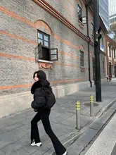 Lilylikes 超細針編みフレアパンツ【30％ウール・ストライプデザイン・ロングレッグ】