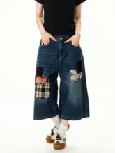 アメリカンレトロ風デザインの牛仔ショートパンツ【ゆったりフィット・ワイドレッグ・夏用】