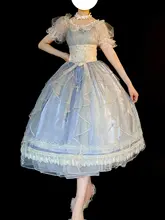 ワンピース レディース ロリータ 半袖 ブルー 花嫁 スイート レース プリンセス