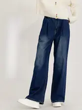 BASICHOUSE レディース 春夏用 デニムパンツ【ワイドレッグ・ボタン付き・フィット】