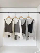 春季新作の通勤に最適なスリーブ付きニットブラウス【ウエストリボン・重ね着風デザイン】（セットアップ対応）