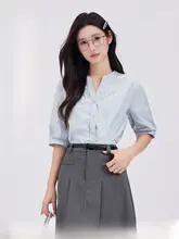 シャツ トップス レディース 半袖 ブルー 正肩 通勤 オフィスカジュアル 面接 フォーマル きれいめ 着回し 夏