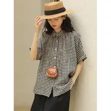 レトロチェック柄のコットンリネン半袖シャツ【夏用・女性用・デザイン性に優れた】